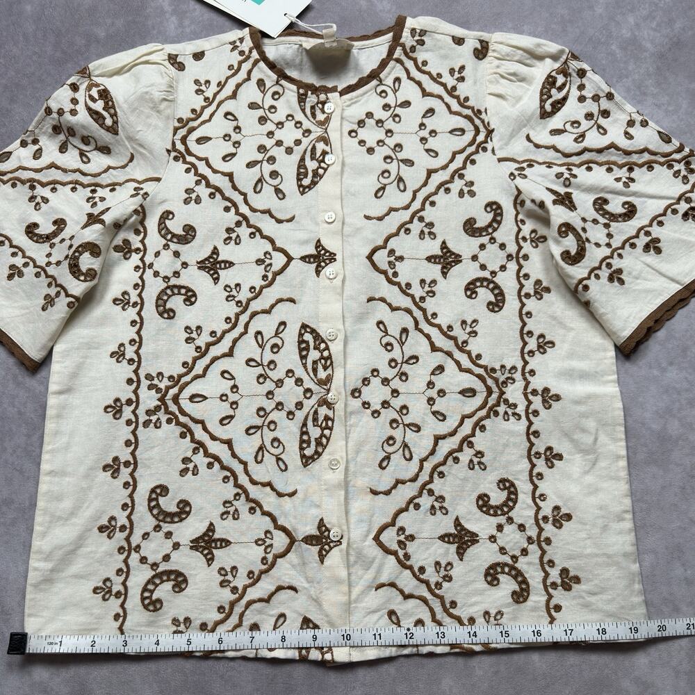 Sezane Waverly Blouse NWT Beige Brown Embroidered Linen Cotton Lace Trim 36 US 4 - Picture 15 of 16